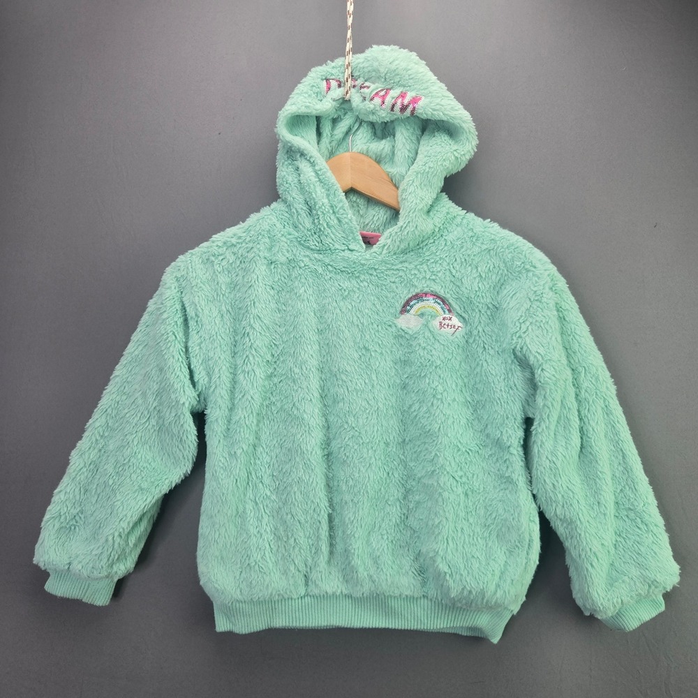 Betsey Johnson Hoodie Faux Fur Sequin Rainbow Dream S Mint Green Fuzzy Pullover